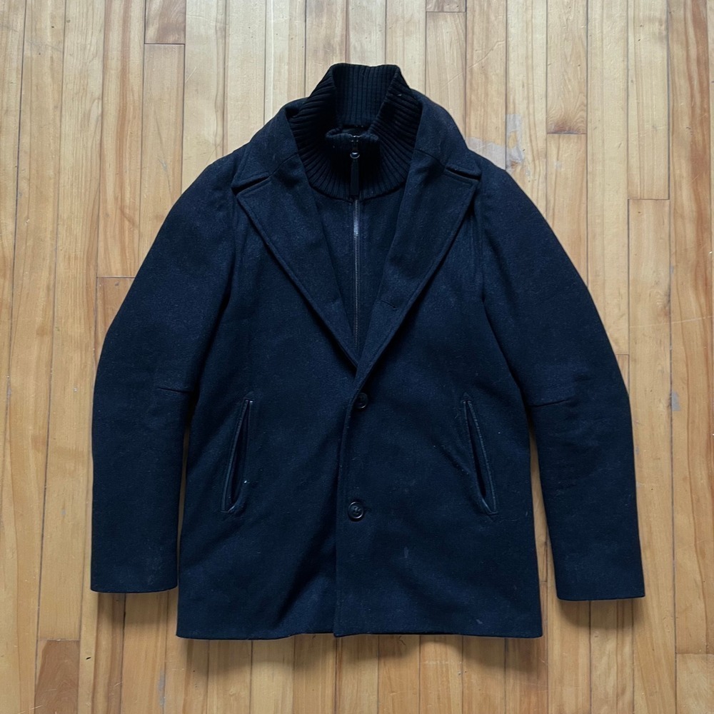 Mackage Men's Black Wool Blend Double Breasted Coat with Leather Trim Size 40 - Picture 8 of 16